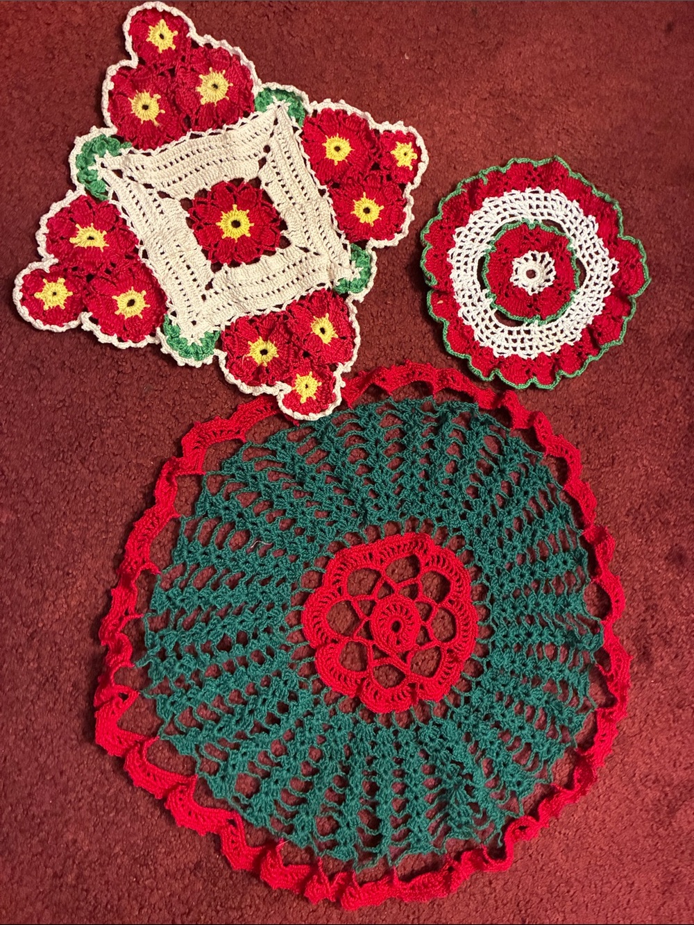 Large 18 pc lot of Handmade Holiday Crochet Doilies in Red, Green and Cream